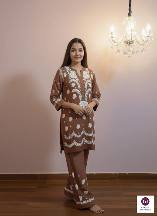 Brown premium modal co-ord with chikankari embroidery by Hayat’s Lucknowi