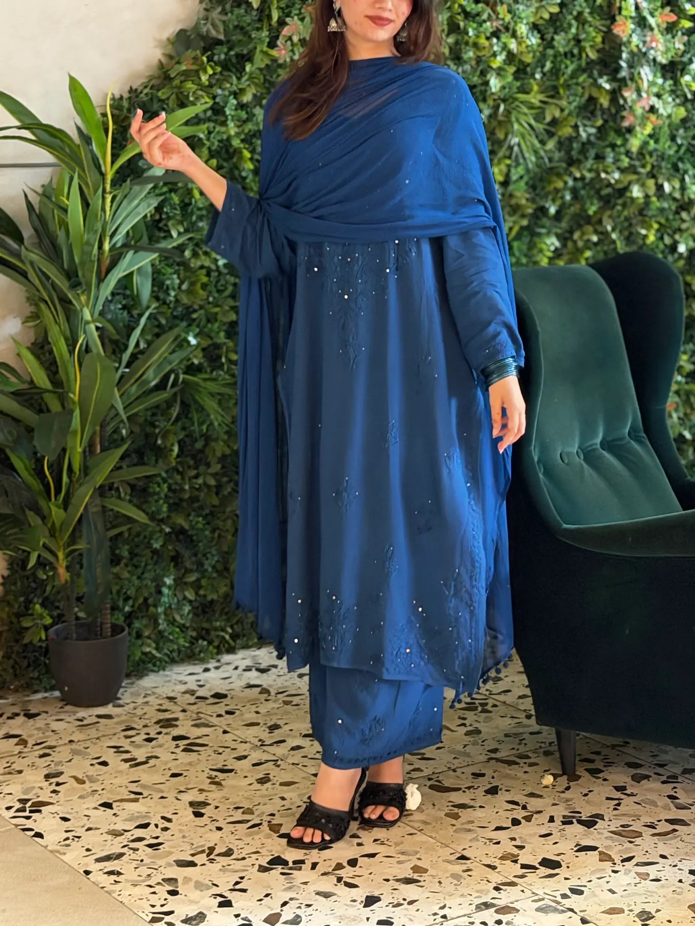 
Nagma royal blue rayon Lucknowi Mukesh chikankari set with dupatta featuring intricate hand embroidery and shimmering Mukesh work for elegant festive and ethnic wear by Hayat's Lucknowi.
