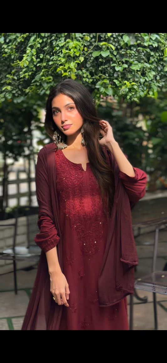 Nagma Brown Rayon Lucknowi Mukesh Chikankari Set with Dupatta featuring intricate hand embroidery and delicate Mukesh work for timeless festive and ethnic elegance by Hayat’s Lucknowi.