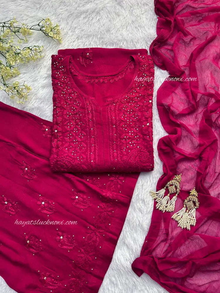 Fuchsia rayon mukesh chikankari suit set with full sleeves by Hayat’s Lucknowi