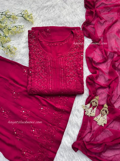 Fuchsia rayon mukesh chikankari suit set with full sleeves by Hayat’s Lucknowi