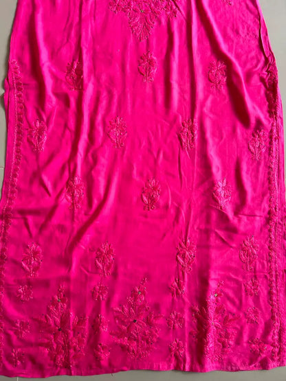 
Nagma hot pink rayon Lucknowi Mukesh chikankari set with dupatta featuring intricate hand embroidery and shimmering Mukesh work for vibrant festive and ethnic wear by Hayat's Lucknowi.
