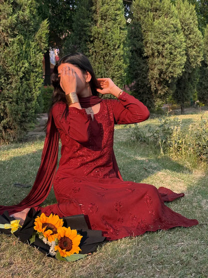 
Nagma maroon rayon Lucknowi chikankari set with dupatta featuring intricate mukesh work and elegant hand embroidery for festive ethnic wear by Hayat's Lucknowi