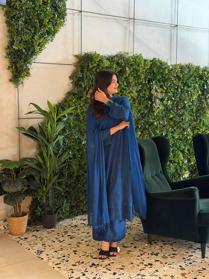 
Nagma royal blue rayon Lucknowi Mukesh chikankari set with dupatta featuring intricate hand embroidery and shimmering Mukesh work for elegant festive and ethnic wear by Hayat's Lucknowi.
