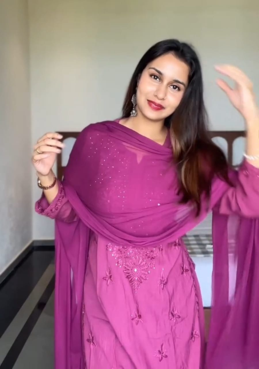 
Wine rayon Lucknowi chikankari kurta set with mukesh work and dupatta crafted for elegant festive wear by Hayat's Lucknowi
