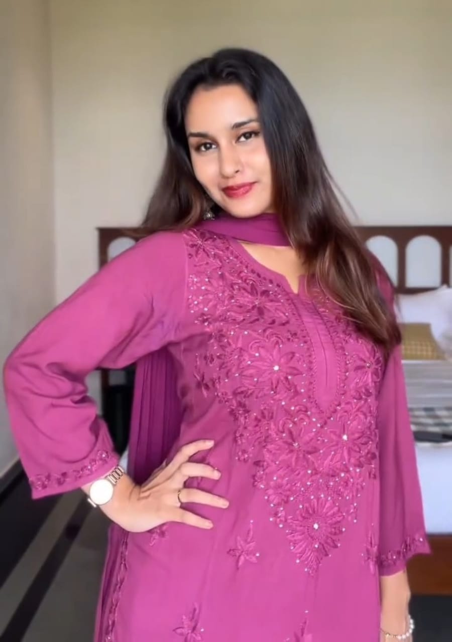 
Wine rayon Lucknowi chikankari kurta set with mukesh work and dupatta crafted for elegant festive wear by Hayat's Lucknowi
