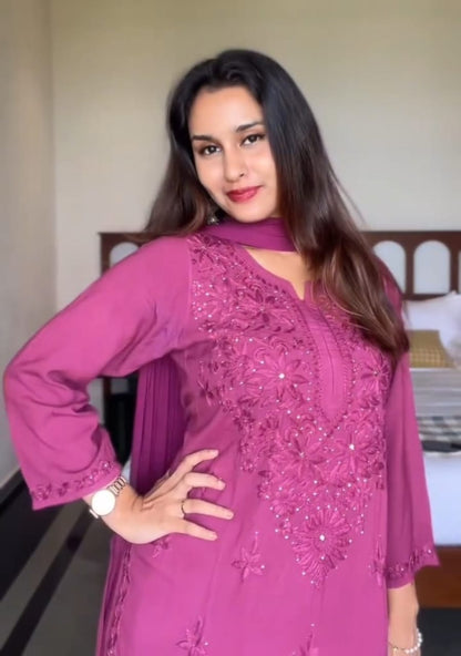
Wine rayon Lucknowi chikankari kurta set with mukesh work and dupatta crafted for elegant festive wear by Hayat's Lucknowi
