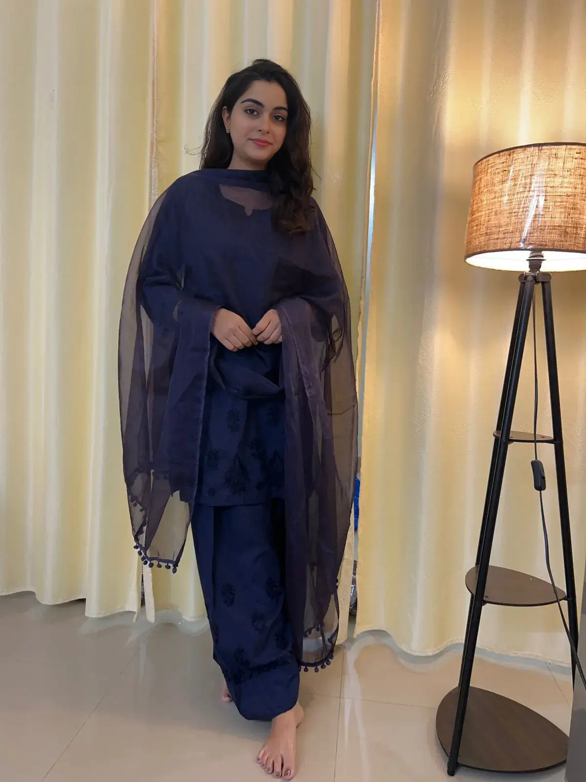 Navy chikankari farshi shalwar full sleeves suit with traditional embroidery by Hayat’s Lucknowi