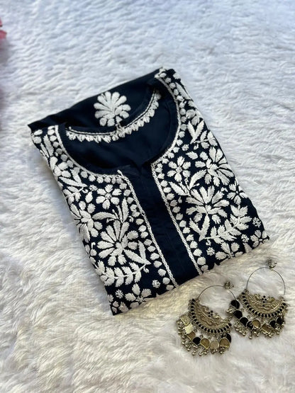 
Navy modal Lucknowi chikankari kurta crafted with intricate hand embroidery for a refined and elegant ethnic look by Hayat's Lucknowi
