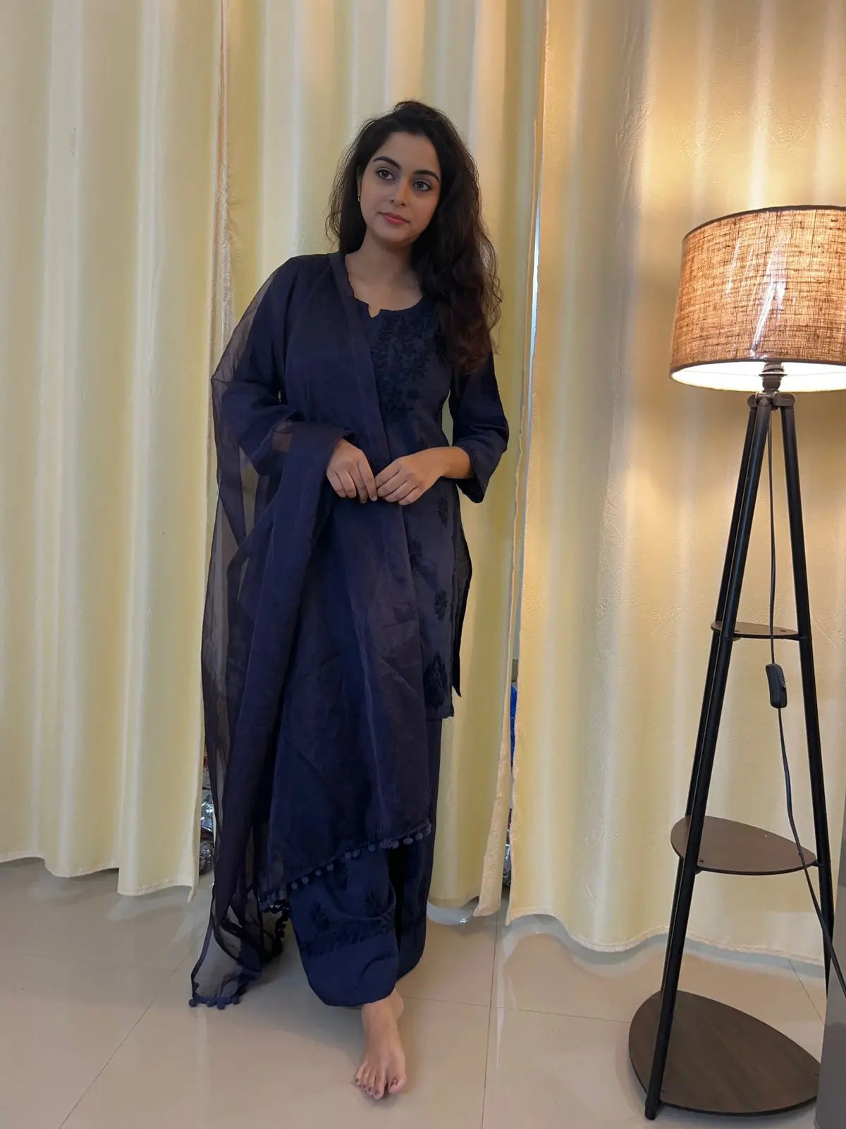Navy  blue chikankari farshi shalwar suit with traditional embroidery by Hayat’s Lucknowi