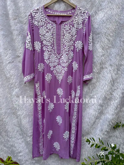 Lavender modal kurti with chikankari embroidery by Hayat’s Lucknowi
