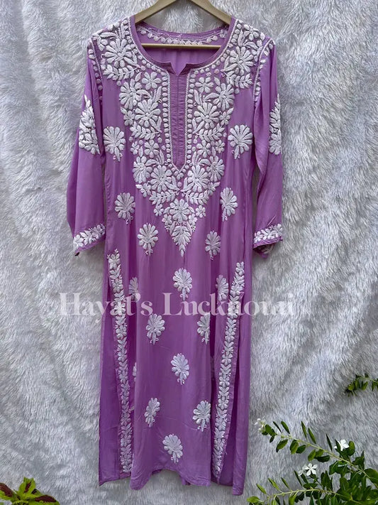 Lavender modal kurti with chikankari embroidery by Hayat’s Lucknowi