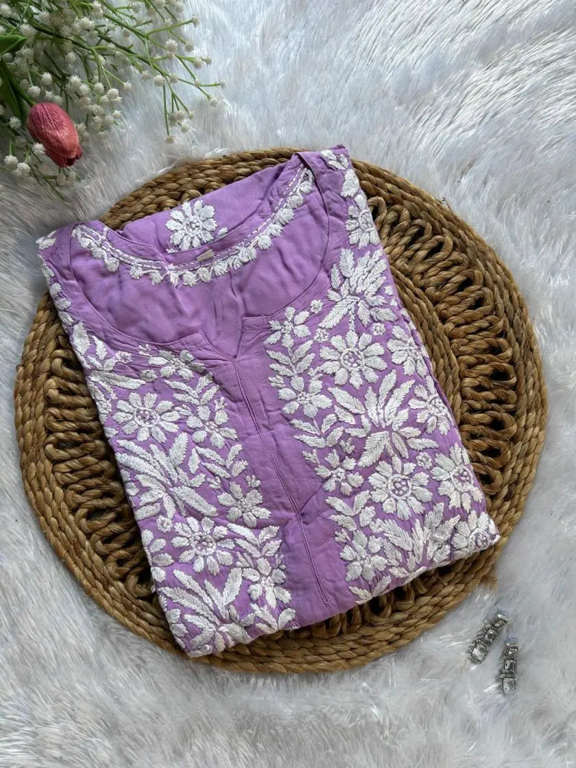 Lavender modal kurti with chikankari embroidery by Hayat’s Lucknowi