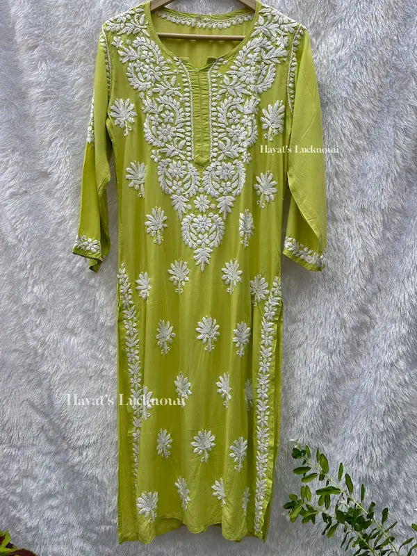 Light green modal kurti with chikankari embroidery by Hayat’s Lucknowi