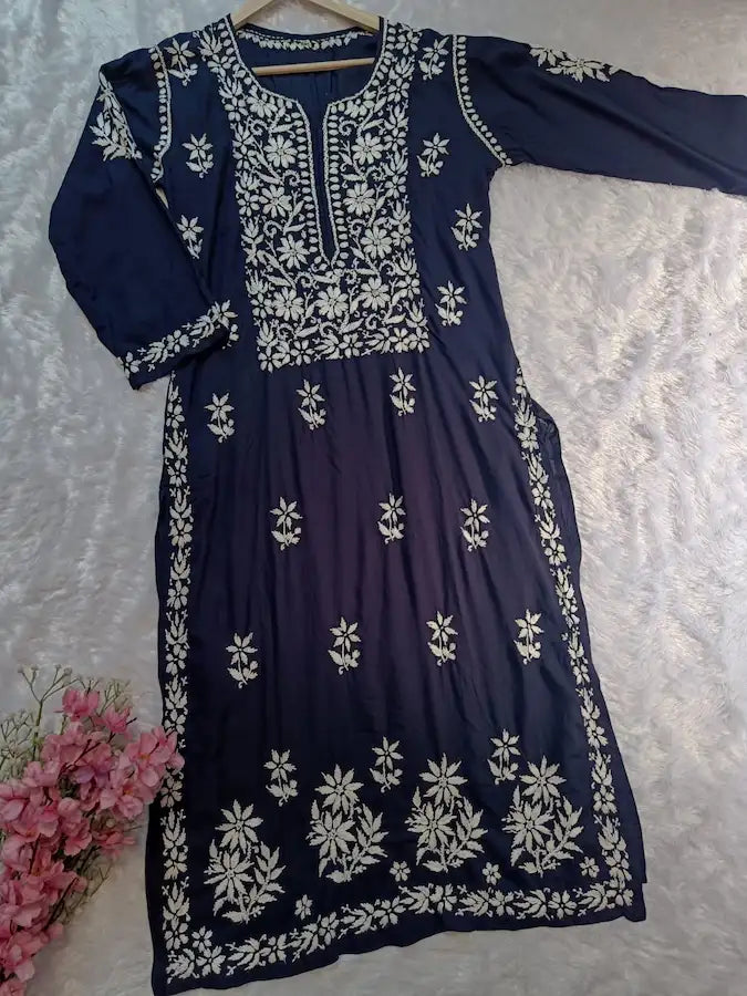 Navy modal chikankari kurti with embroidery by Hayat’s Lucknowi