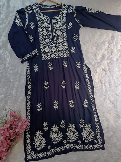 Navy modal chikankari kurti with embroidery by Hayat’s Lucknowi