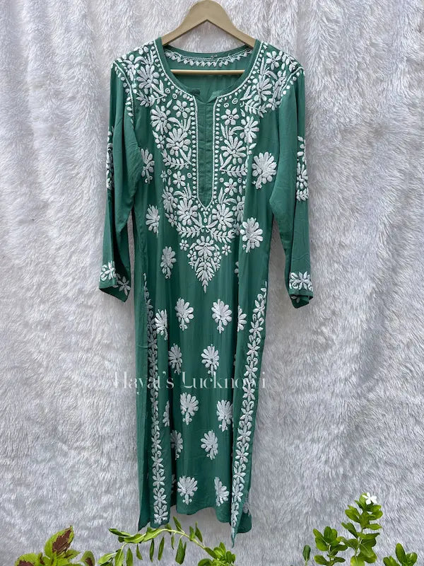 Pine green modal kurti with chikankari embroidery by Hayat’s Lucknowi