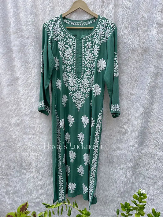 Pine green modal kurti with chikankari embroidery by Hayat’s Lucknowi