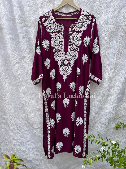 Plum modal kurti with chikankari embroidery by Hayat’s Lucknowi