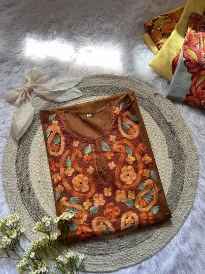 Brown Kashmiri long kurta with paisley embroidery by Hayat’s Lucknowi