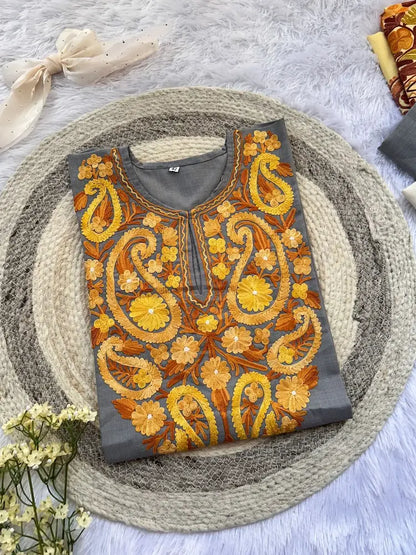 
Paisley grey Kashmiri long kurta showcasing elegant traditional motifs and intricate craftsmanship for timeless ethnic wear by Hayat's Lucknowi
