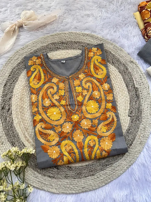 
Paisley grey Kashmiri long kurta showcasing elegant traditional motifs and intricate craftsmanship for timeless ethnic wear by Hayat's Lucknowi
