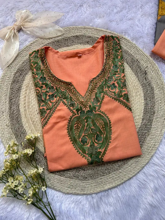 Peach Kashmiri Long Kurta with Paisley Green Embroidery