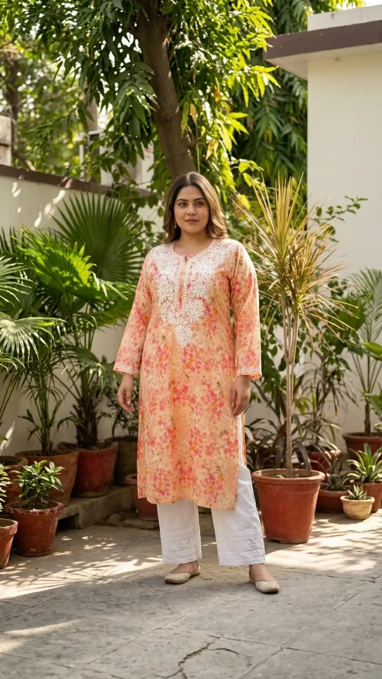 
Peach mulmul plus size Lucknowi chikankari kurta designed for breathable comfort and elegant traditional style by Hayat's Lucknowi