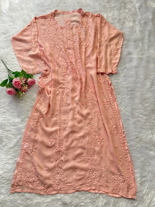 
Peach viscose georgette chikankari long kurta crafted with delicate traditional embroidery by Hayat's Lucknowi
