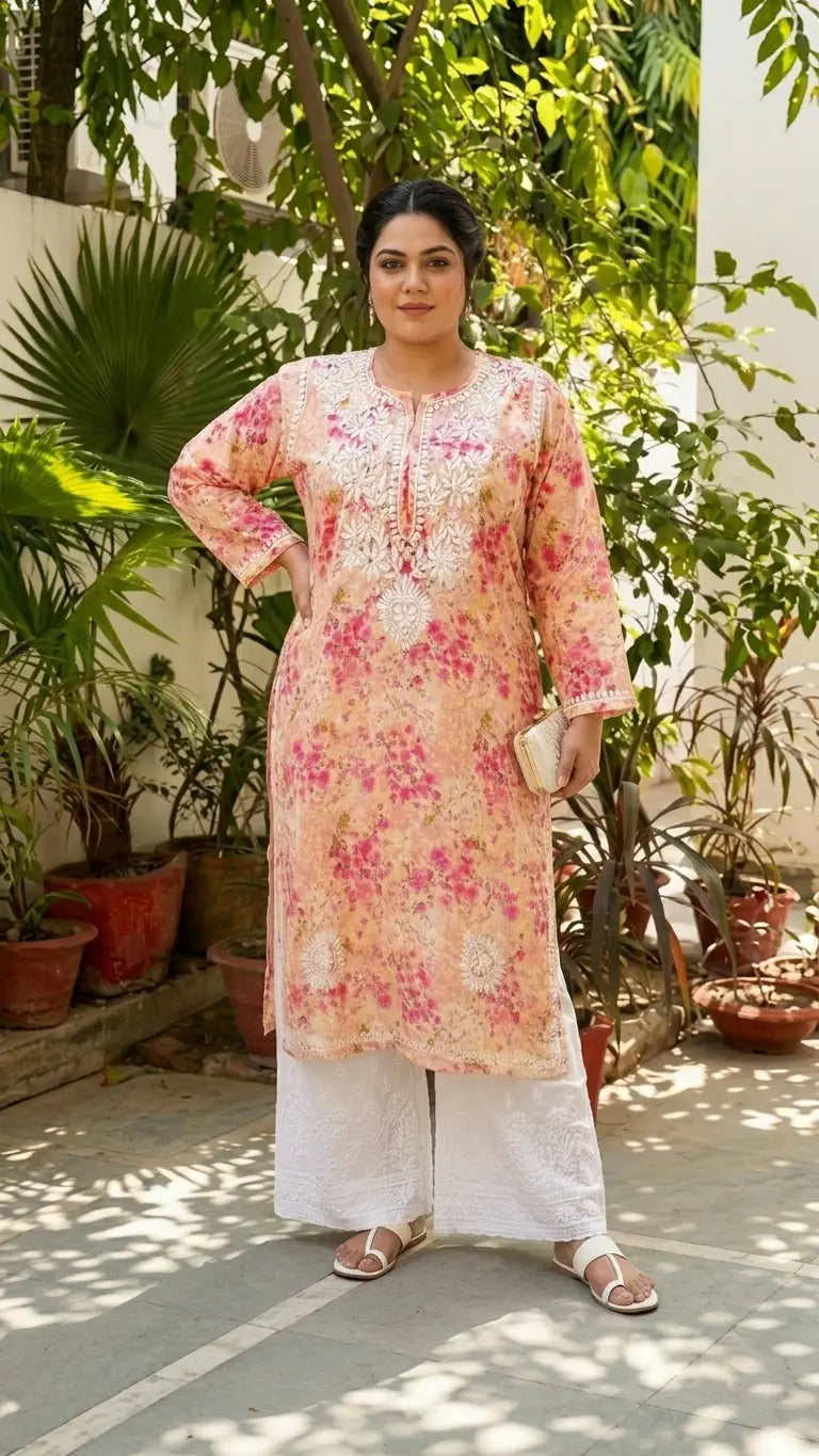 
Pink mulmul plus size Lucknowi chikankari kurta designed for breathable comfort and elegant everyday ethnic wear by Hayat's Lucknowi