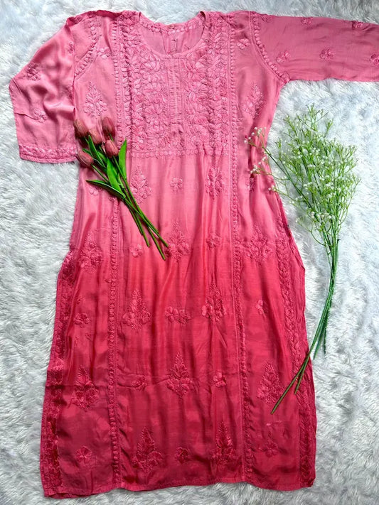 Pink muslin silk kurti with Lucknowi chikankari embroidery by Hayat’s Lucknowi