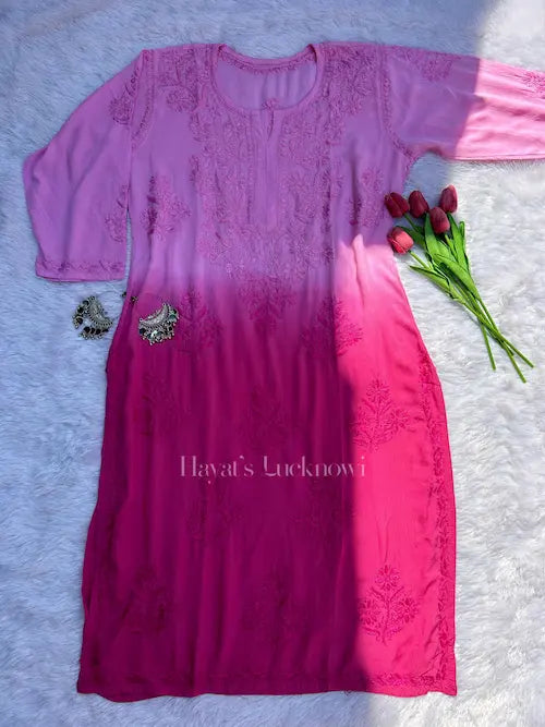 
Amara pink ombre chikankari modal kurti featuring delicate hand embroidery and soft premium modal fabric for elegant everyday and festive ethnic wear by Hayat's Lucknowi.
