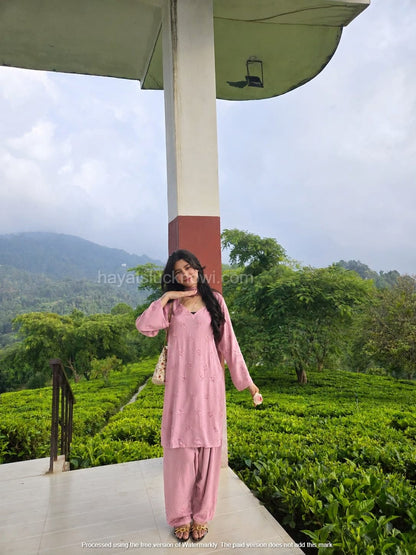 
Pink Rayon Chikankari Farshi Set featuring intricate hand embroidery on soft rayon fabric for a graceful traditional and festive look by Hayat’s Lucknowi.
