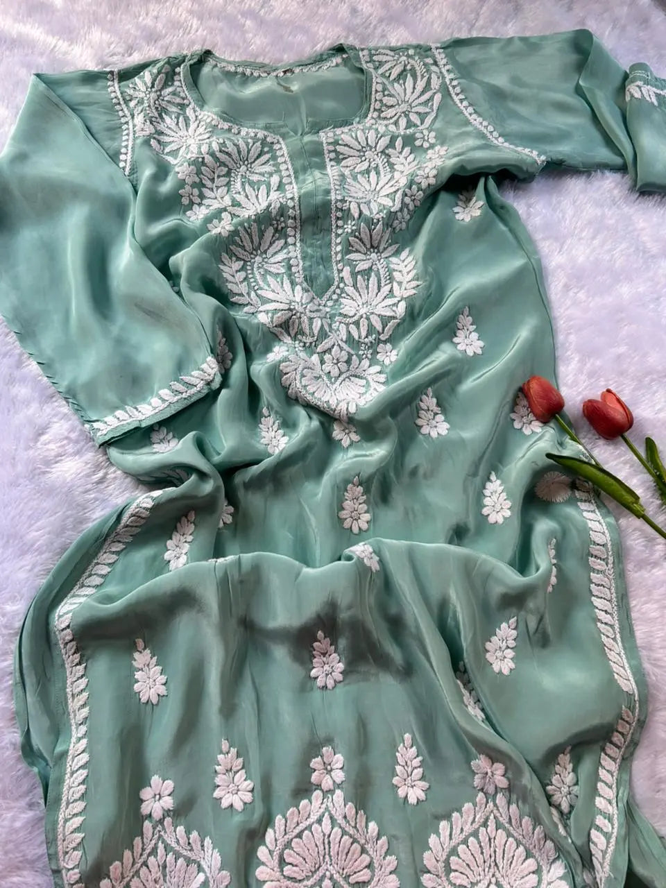 
Premium crepe silk chikankari kurta showcasing refined Lucknowi craftsmanship by Hayat's Lucknowi
