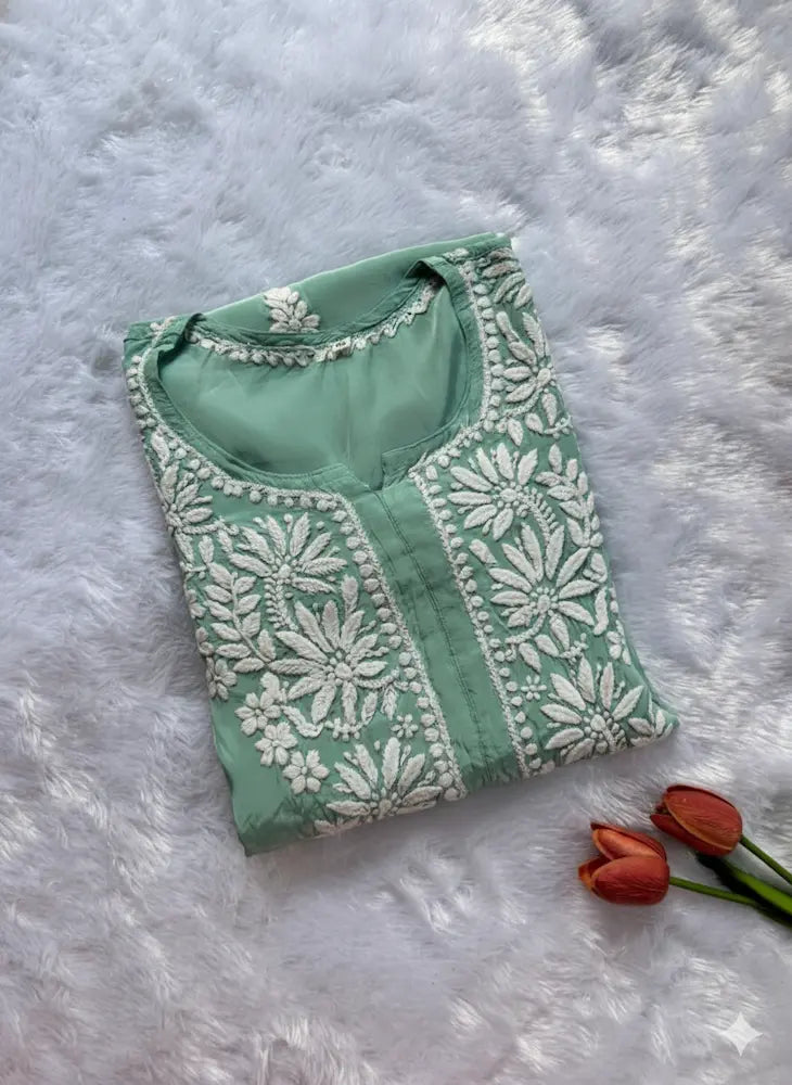 
Premium crepe silk chikankari kurta showcasing refined Lucknowi craftsmanship by Hayat's Lucknowi
