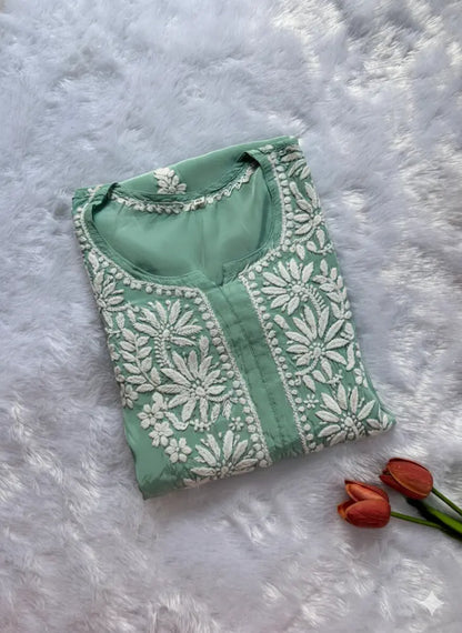 
Premium crepe silk chikankari kurta showcasing refined Lucknowi craftsmanship by Hayat's Lucknowi
