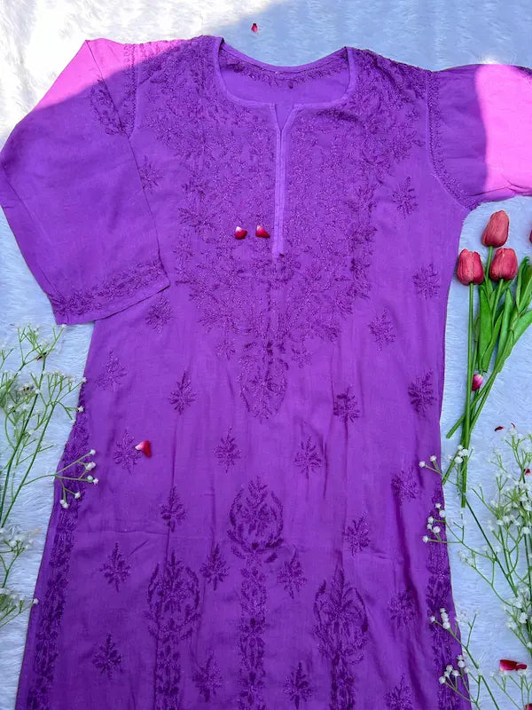 Purple modal long kurta with chikankari embroidery by Hayat’s Lucknowi