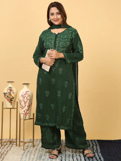 
Zeenat bottle green rayon Lucknowi chikankari kurta set with dupatta featuring intricate hand embroidery for a graceful and elegant ethnic ensemble by Hayat's Lucknowi
