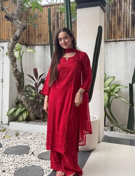 Red chikankari rayon three-piece set – kurta, plazo & dupatta, ideal for party and festive wear.