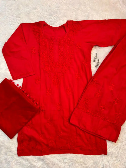 Red long-sleeve top with chikankari work farshi shalwar suit set with organza dupatta