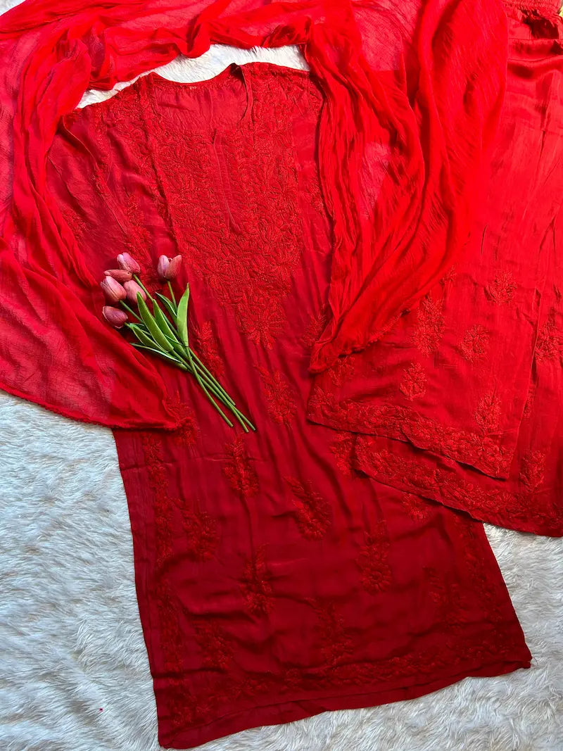 Red muslin chikankari suit set daily wear  by Hayat’s Lucknowi
