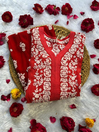 
Red muslin silk chikankari kurta showcasing timeless Lucknowi craftsmanship by Hayat's Lucknowi
