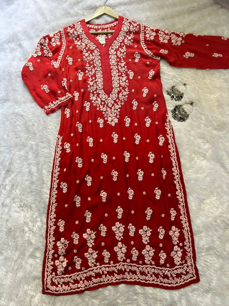 
Red muslin silk chikankari kurta showcasing timeless Lucknowi craftsmanship by Hayat's Lucknowi
