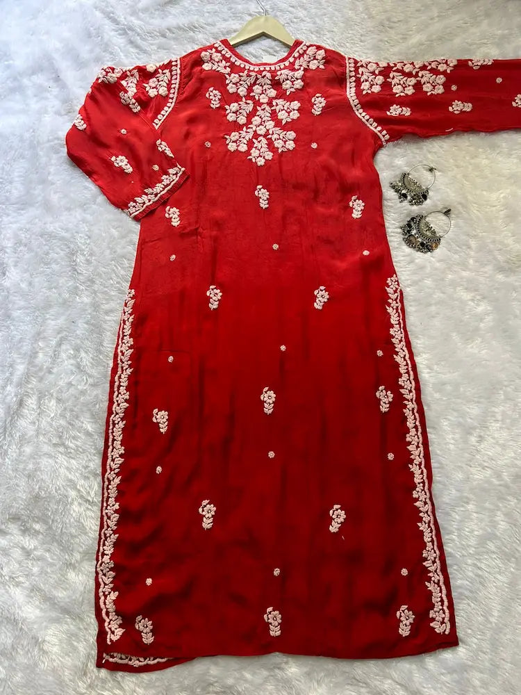 
Red muslin silk chikankari kurta showcasing timeless Lucknowi craftsmanship by Hayat's Lucknowi
