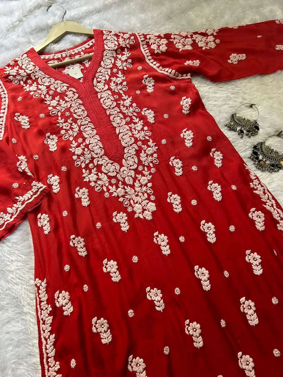 
Red muslin silk chikankari kurta showcasing timeless Lucknowi craftsmanship by Hayat's Lucknowi
