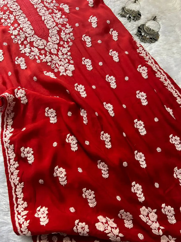 
Red muslin silk chikankari kurta showcasing timeless Lucknowi craftsmanship by Hayat's Lucknowi
