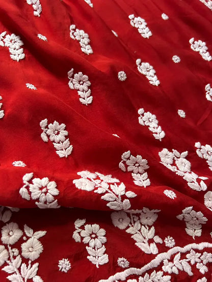 
Red muslin silk chikankari kurta showcasing timeless Lucknowi craftsmanship by Hayat's Lucknowi

