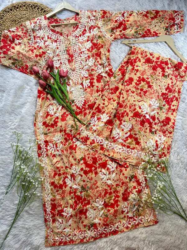 Red mul mul kurta set with printed chikankari embroidery by Hayat’s Lucknowi