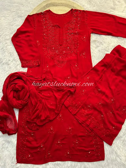 Nagma Red rayon mukesh chikankari suit set by Hayat’s Lucknowi