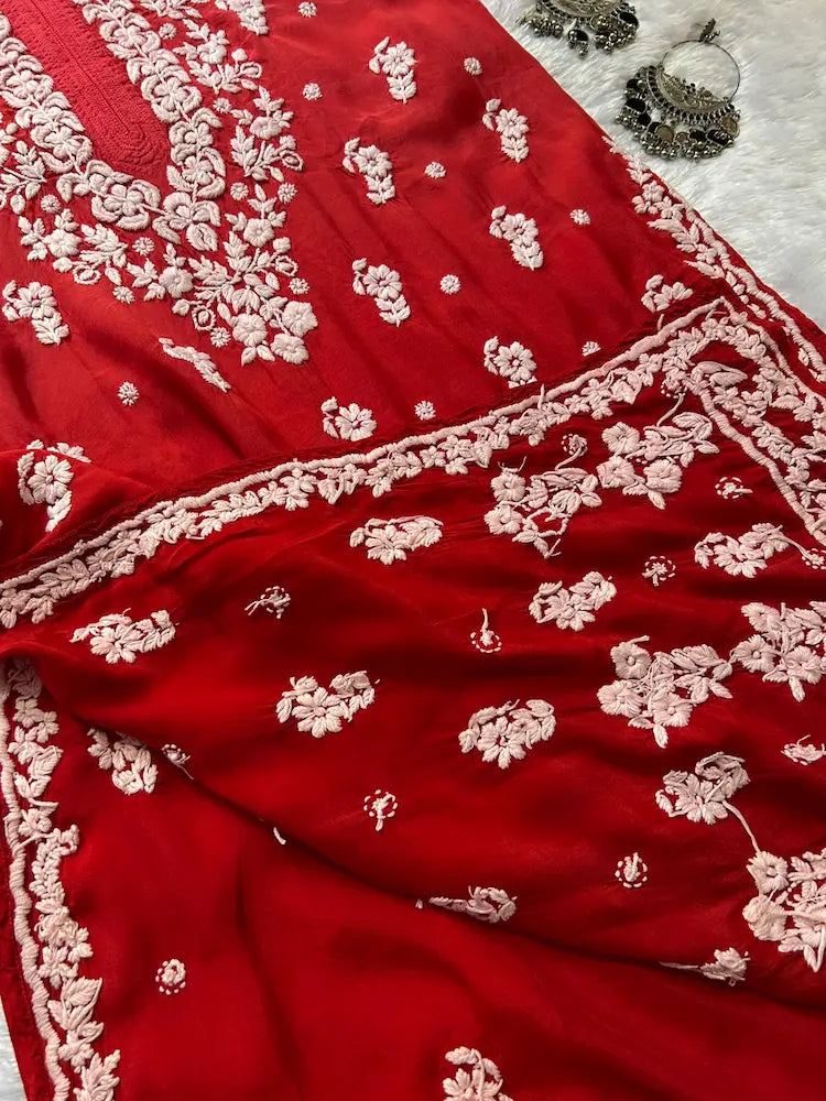 
Red muslin silk chikankari kurta showcasing timeless Lucknowi craftsmanship by Hayat's Lucknowi
